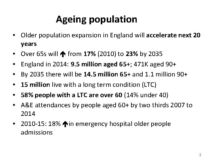 Ageing population • Older population expansion in England will accelerate next 20 years •