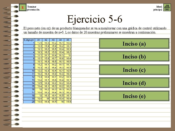 S Terminar presentación Menú principal Ejercicio 5 -6 El peso neto (en oz) de