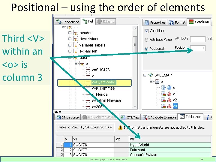 Positional – using the order of elements Third <V> within an <o> is column