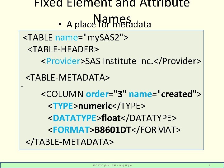 Fixed Element and Attribute • A place. Names for metadata <TABLE name="my. SAS 2">