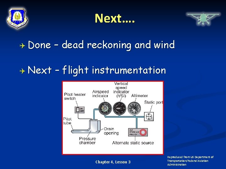 Next…. Done – dead reckoning and wind Next – flight instrumentation Chapter 4, Lesson