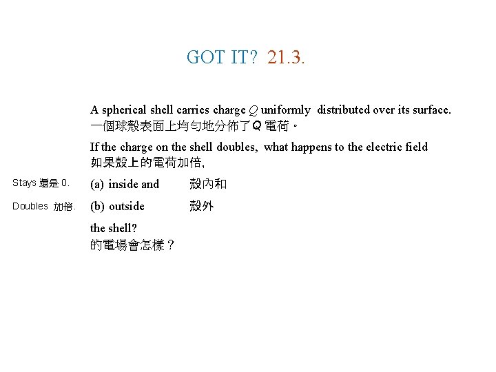 GOT IT? 21. 3. A spherical shell carries charge Q uniformly distributed over its