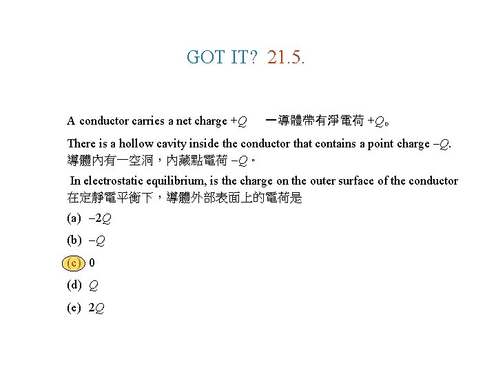 GOT IT? 21. 5. A conductor carries a net charge +Q 一導體帶有淨電荷 +Q。 There