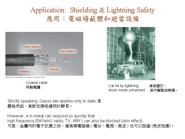 Application: Shielding & Lightning Safety 應用：電磁場蔽體和避雷設備 Coaxial cable 同軸電纜 Car hit by lightning, 車被雷打，