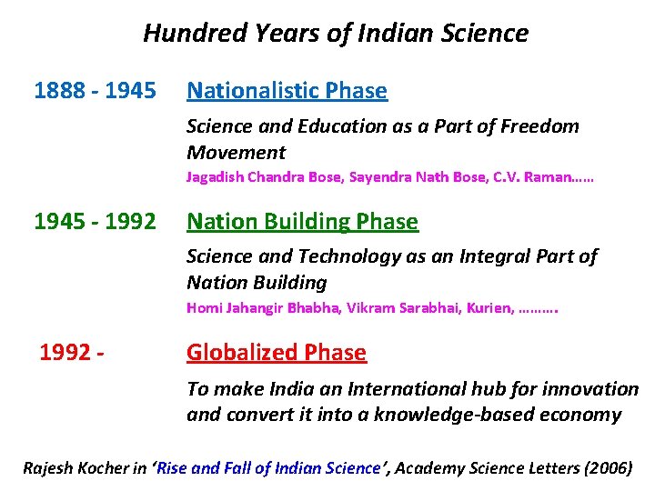 Hundred Years of Indian Science 1888 - 1945 Nationalistic Phase Science and Education as