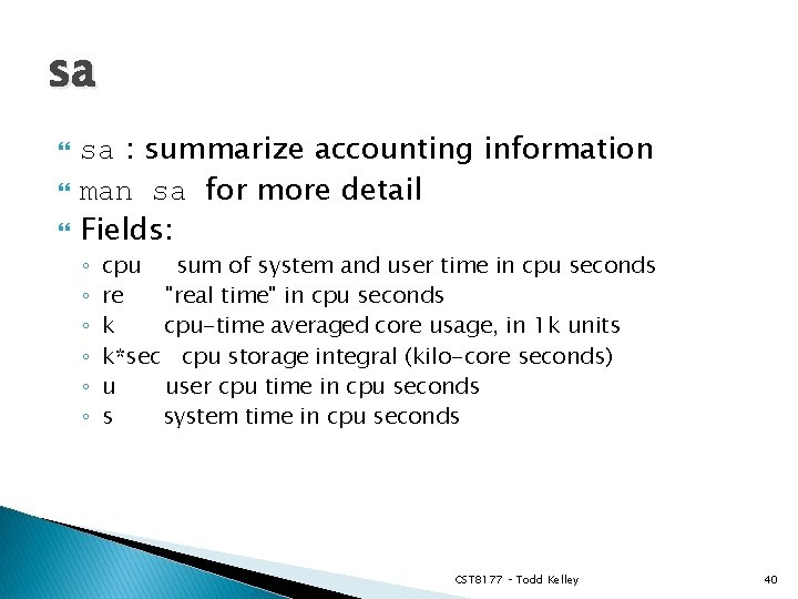 sa sa : summarize accounting information man sa for more detail Fields: ◦ ◦
