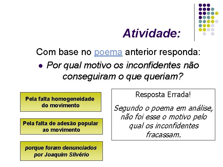 Atividade: Com base no poema anterior responda: l Por qual motivo os inconfidentes não Atividade: Com base no poema anterior responda: l Por qual motivo os inconfidentes não