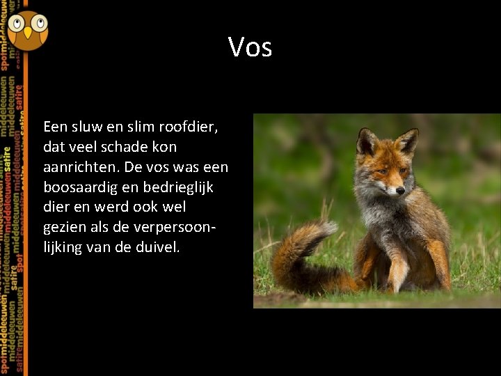 Vos Een sluw en slim roofdier, dat veel schade kon aanrichten. De vos was
