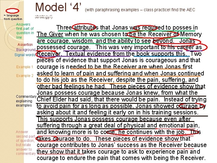 = language from question Answers first part of question in line Model ‘ 4’