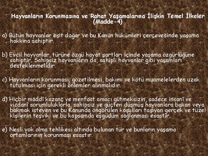 Hayvanların Korunmasına ve Rahat Yaşamalarına İlişkin Temel İlkeler (Madde-4) a) Bütün hayvanlar eşit doğar