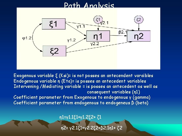 Path Analysis Exogenous variable ξ (Ksi)= is not posses an antecendent varaibles Endogenous variable