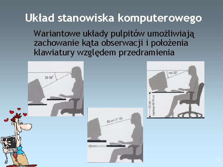 Układ stanowiska komputerowego Wariantowe układy pulpitów umożliwiają zachowanie kąta obserwacji i położenia klawiatury względem