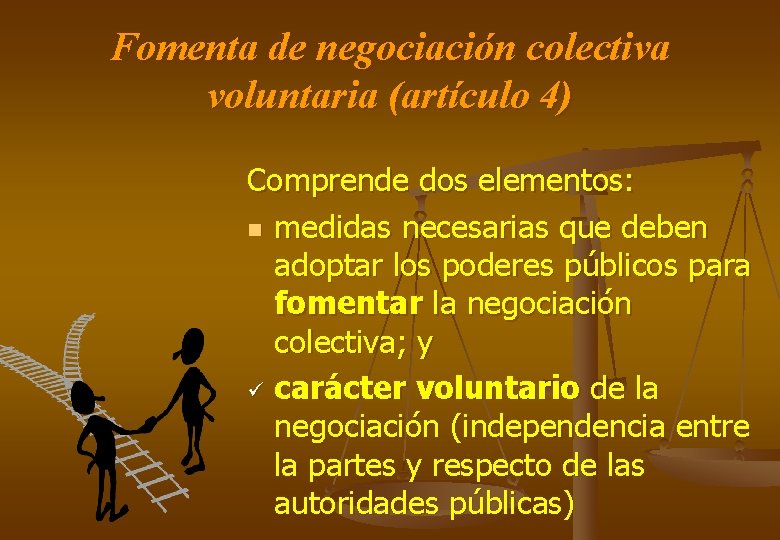 Fomenta de negociación colectiva voluntaria (artículo 4) Comprende dos elementos: n medidas necesarias que