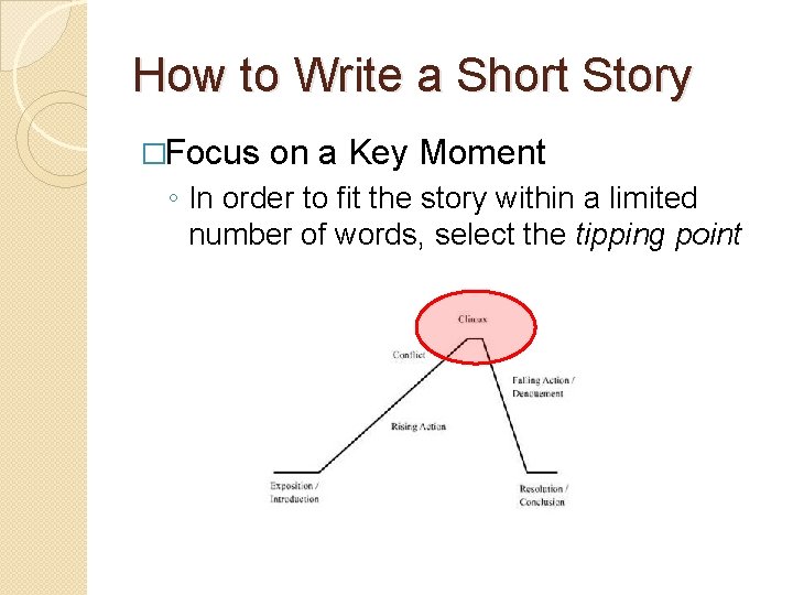 How to Write a Short Story �Focus on a Key Moment ◦ In order