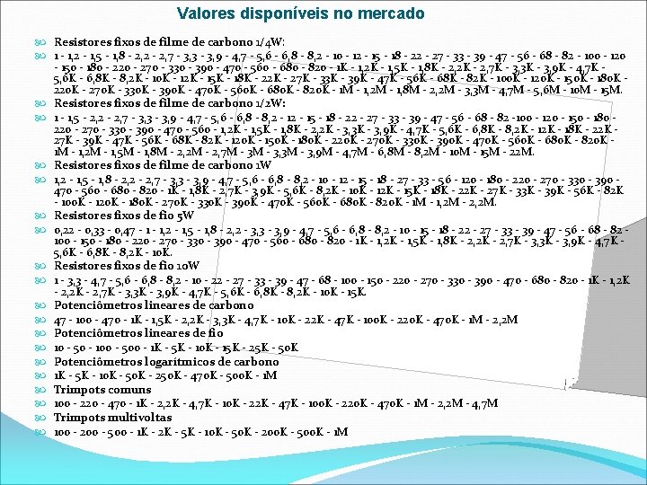 Valores disponíveis no mercado Resistores fixos de filme de carbono 1/4 W: 1 -