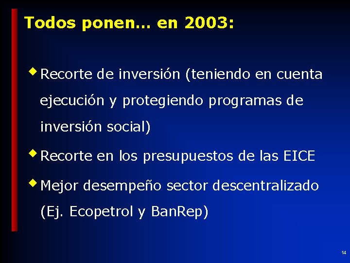 Todos ponen… en 2003: w Recorte de inversión (teniendo en cuenta ejecución y protegiendo