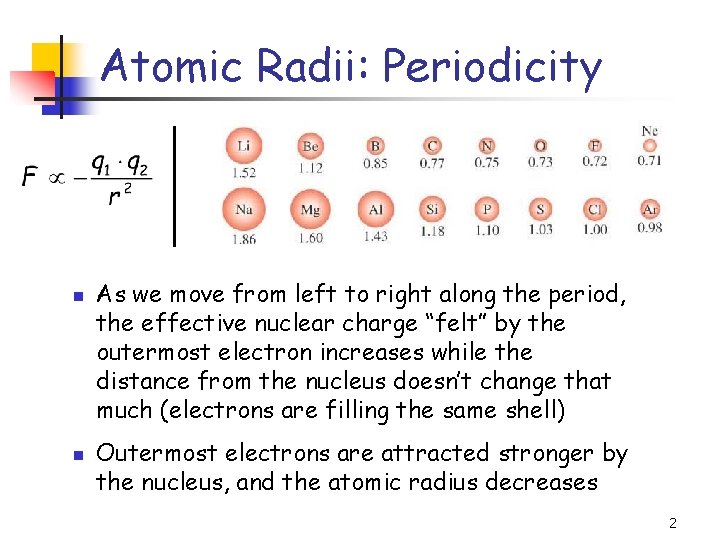 Atomic Radii: Periodicity n n As we move from left to right along the