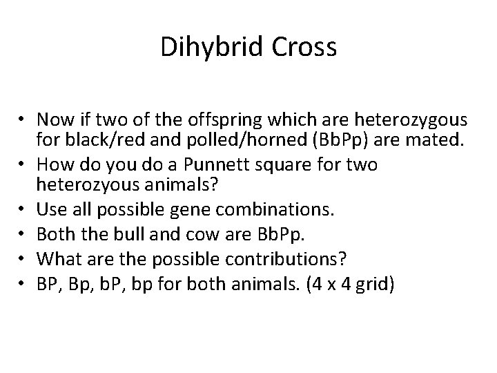 Dihybrid Cross • Now if two of the offspring which are heterozygous for black/red