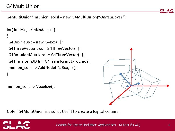 G 4 Multi. Union* munion_solid = new G 4 Multi. Union(“United. Boxes"); for( int