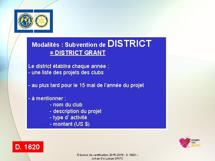 Modalités : Subvention de = DISTRICT GRANT DISTRICT Le district établira chaque année :