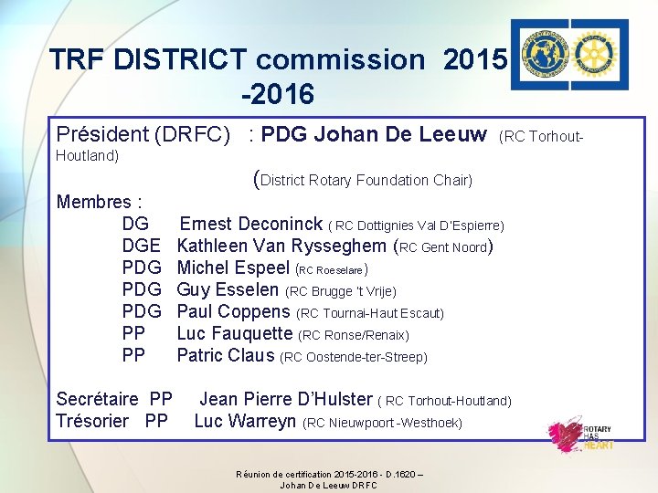 TRF DISTRICT commission 2015 -2016 Président (DRFC) : PDG Johan De Leeuw (RC Torhout.