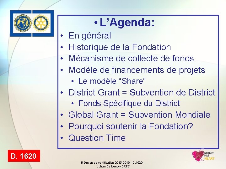  • L’Agenda: • • En général Historique de la Fondation Mécanisme de collecte