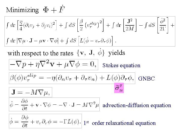 Minimizing with respect to the rates yields Stokes equation GNBC advection-diffusion equation 1 st