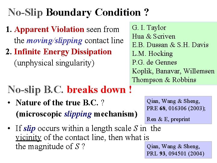 No-Slip Boundary Condition ? 1. Apparent Violation seen from the moving/slipping contact line 2.