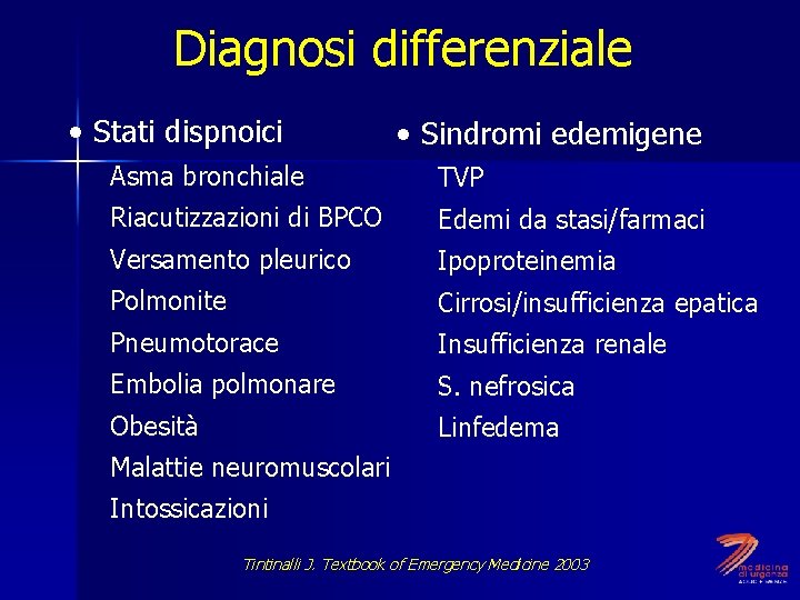 Diagnosi differenziale • Stati dispnoici • Sindromi edemigene Asma bronchiale TVP Riacutizzazioni di BPCO