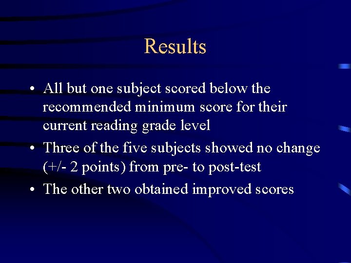 Results • All but one subject scored below the recommended minimum score for their