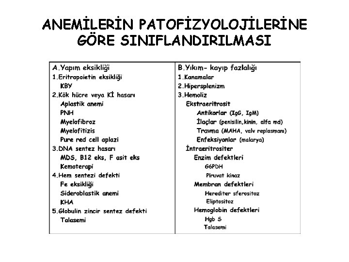 ANEMİLERİN PATOFİZYOLOJİLERİNE GÖRE SINIFLANDIRILMASI 