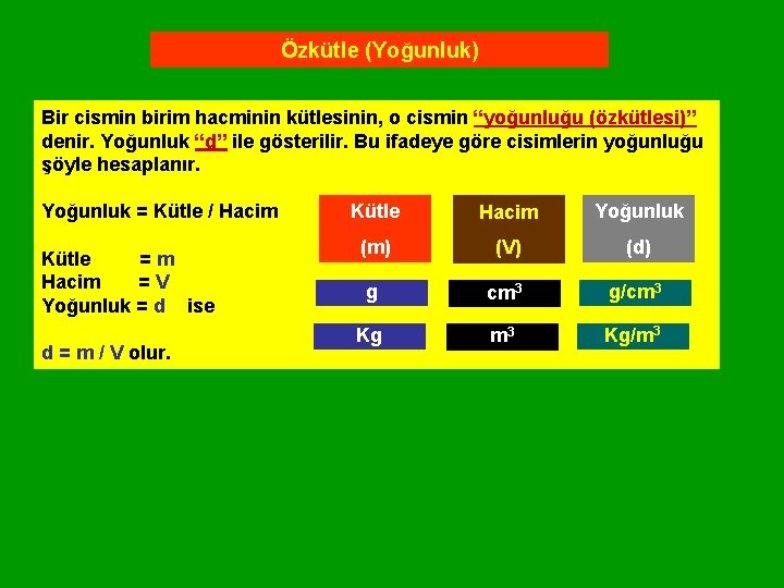 Özkütle (Yoğunluk) Bir cismin birim hacminin kütlesinin, o cismin “yoğunluğu (özkütlesi)” denir. Yoğunluk “d”