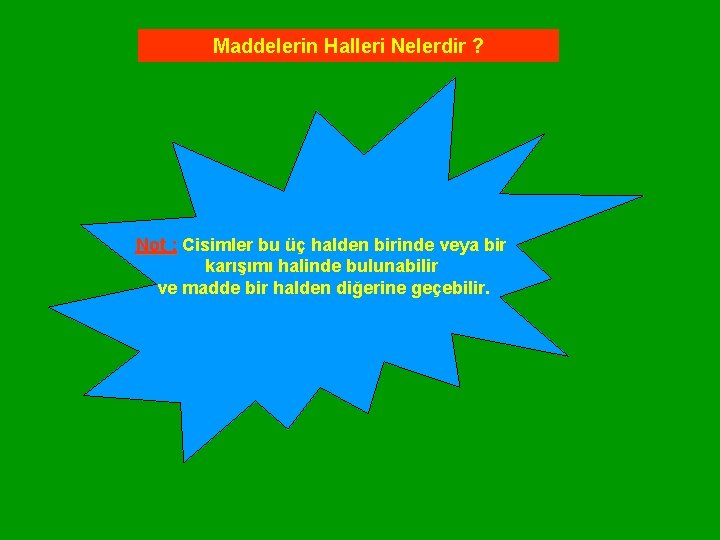 Maddelerin Halleri Nelerdir ? Not : Cisimler bu üç halden birinde veya bir karışımı