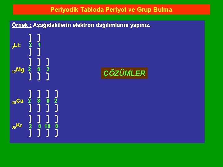 Periyodik Tabloda Periyot ve Grup Bulma Örnek : Aşağıdakilerin elektron dağılımlarını yapınız. 3 Li: