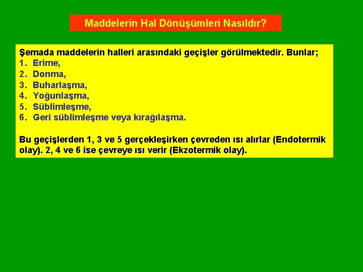 Maddelerin Hal Dönüşümleri Nasıldır? Şemada maddelerin halleri arasındaki geçişler görülmektedir. Bunlar; 1. Erime, 2.