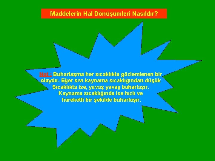 Maddelerin Hal Dönüşümleri Nasıldır? Not : Buharlaşma her sıcaklıkta gözlemlenen bir olaydır. Eğer sıvı