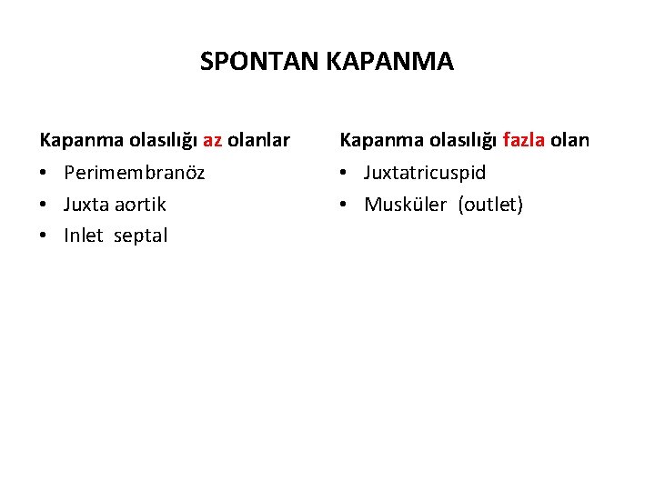 SPONTAN KAPANMA Kapanma olasılığı az olanlar Kapanma olasılığı fazla olan • Perimembranöz • Juxta