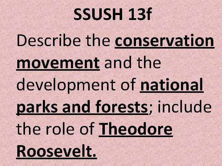 SSUSH 13 f Describe the conservation movement and the development of national parks and