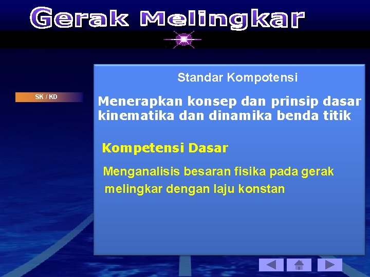 Standar Kompotensi SK / KD Menerapkan konsep dan prinsip dasar kinematika dan dinamika benda