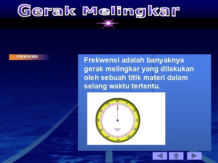 FREKUENSI Frekwensi adalah banyaknya gerak melingkar yang dilakukan oleh sebuah titik materi dalam selang