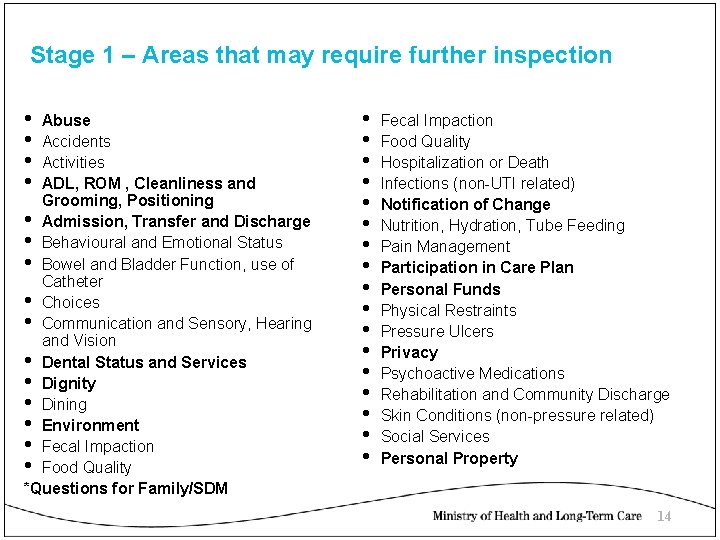 Stage 1 – Areas that may require further inspection • • Abuse Accidents Activities