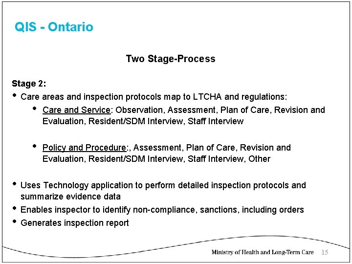 QIS - Ontario Two Stage-Process Stage 2: • Care areas and inspection protocols map