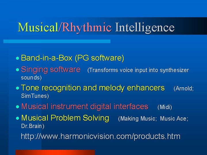 Musical/Rhythmic Intelligence · Band-in-a-Box (PG software) · Singing software (Transforms voice input into synthesizer Musical/Rhythmic Intelligence · Band-in-a-Box (PG software) · Singing software (Transforms voice input into synthesizer