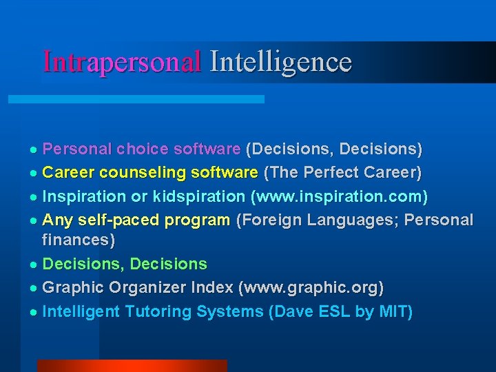 Intrapersonal Intelligence · Personal choice software (Decisions, Decisions) · Career counseling software (The Perfect Intrapersonal Intelligence · Personal choice software (Decisions, Decisions) · Career counseling software (The Perfect