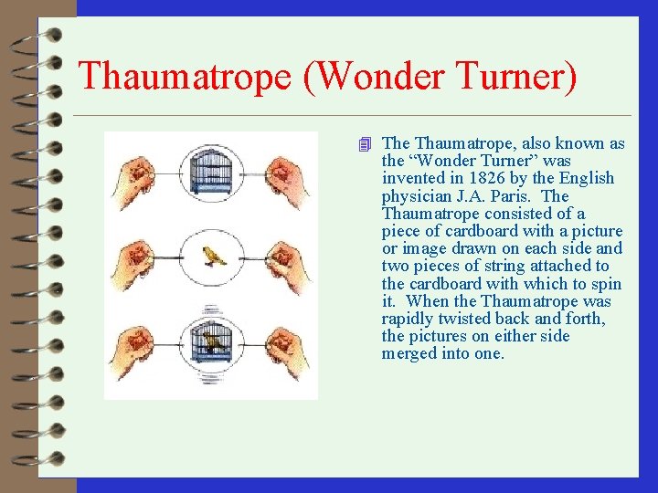 Thaumatrope (Wonder Turner) 4 The Thaumatrope, also known as the “Wonder Turner” was invented