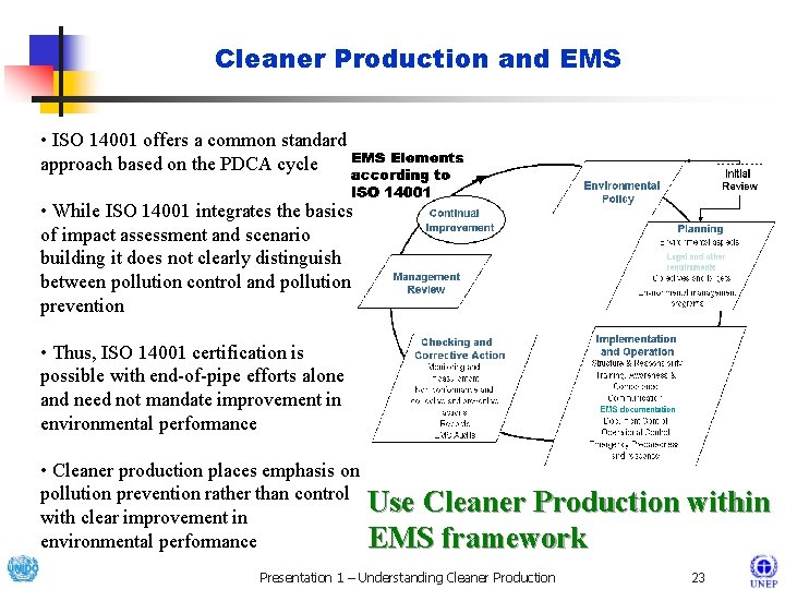 Cleaner Production and EMS • ISO 14001 offers a common standard approach based on