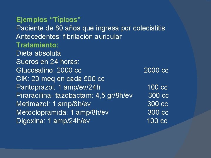 Ejemplos “Típicos” Paciente de 80 años que ingresa por colecistitis Antecedentes: fibrilación auricular Tratamiento:
