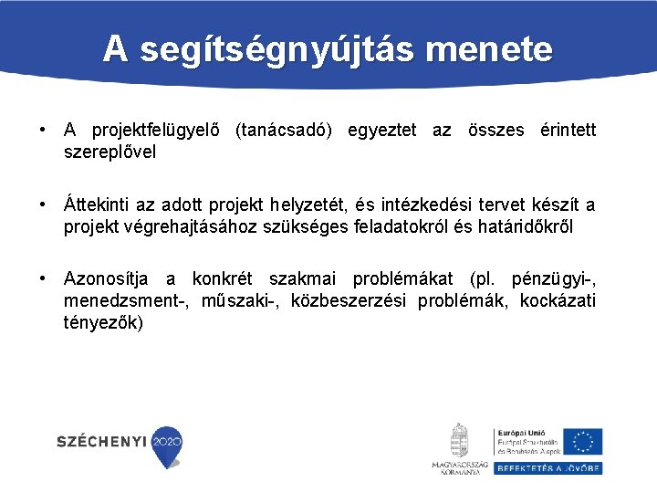 A segítségnyújtás menete • A projektfelügyelő (tanácsadó) egyeztet az összes érintett szereplővel • Áttekinti