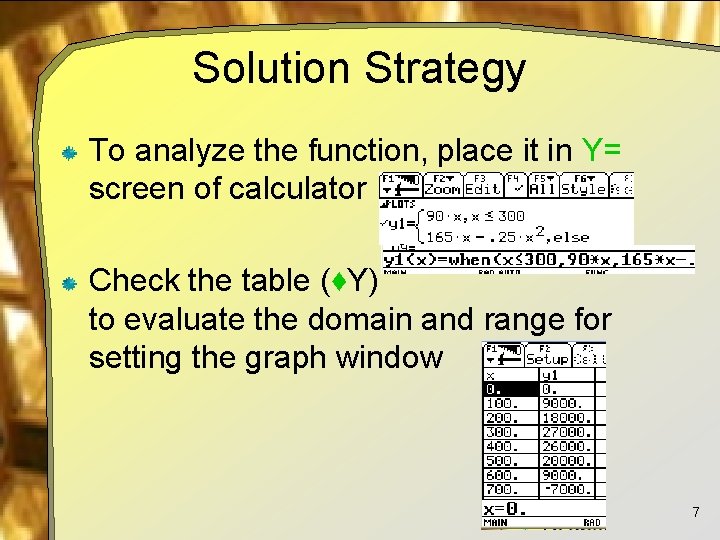 Solution Strategy To analyze the function, place it in Y= screen of calculator Check