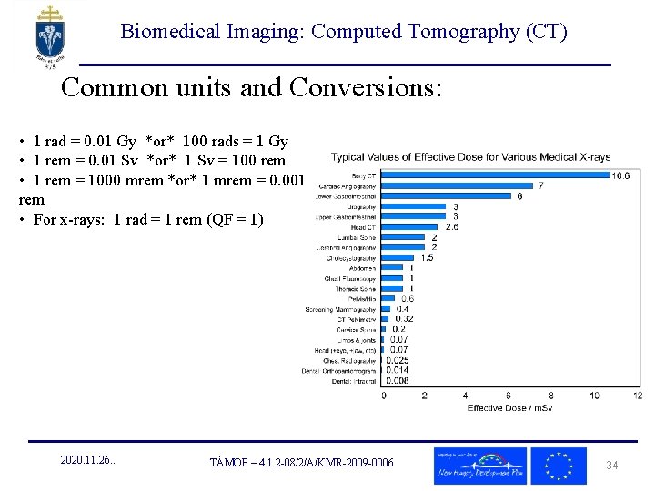 Biomedical Imaging: Computed Tomography (CT) Common units and Conversions: • 1 rad = 0.